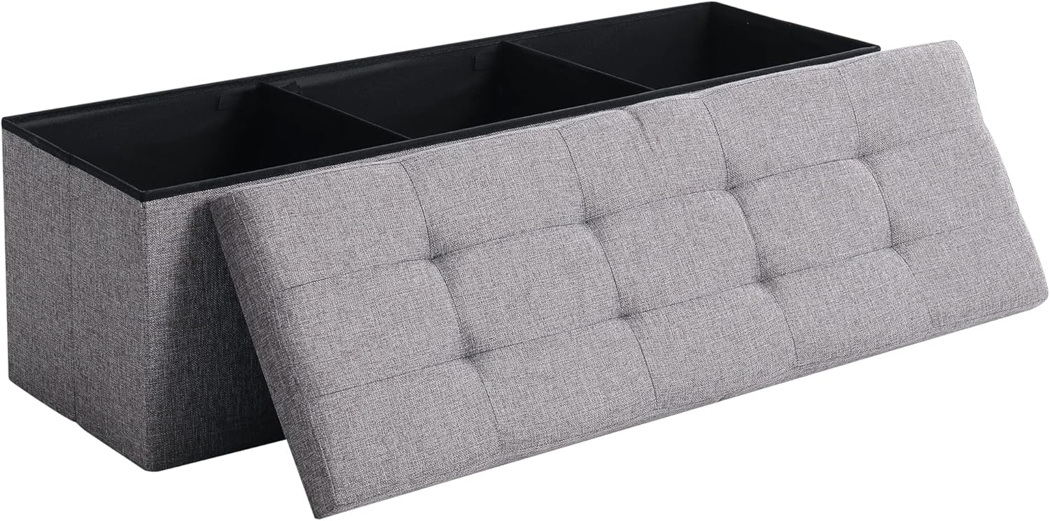 CUYOCA Storage Ottoman Bench Foldable Seat Footrest Shoe Bench End of Bed Storage with Flipping Lid, 75L Storage Space, 30 inches Linen Fabric Black - Grand Goldman