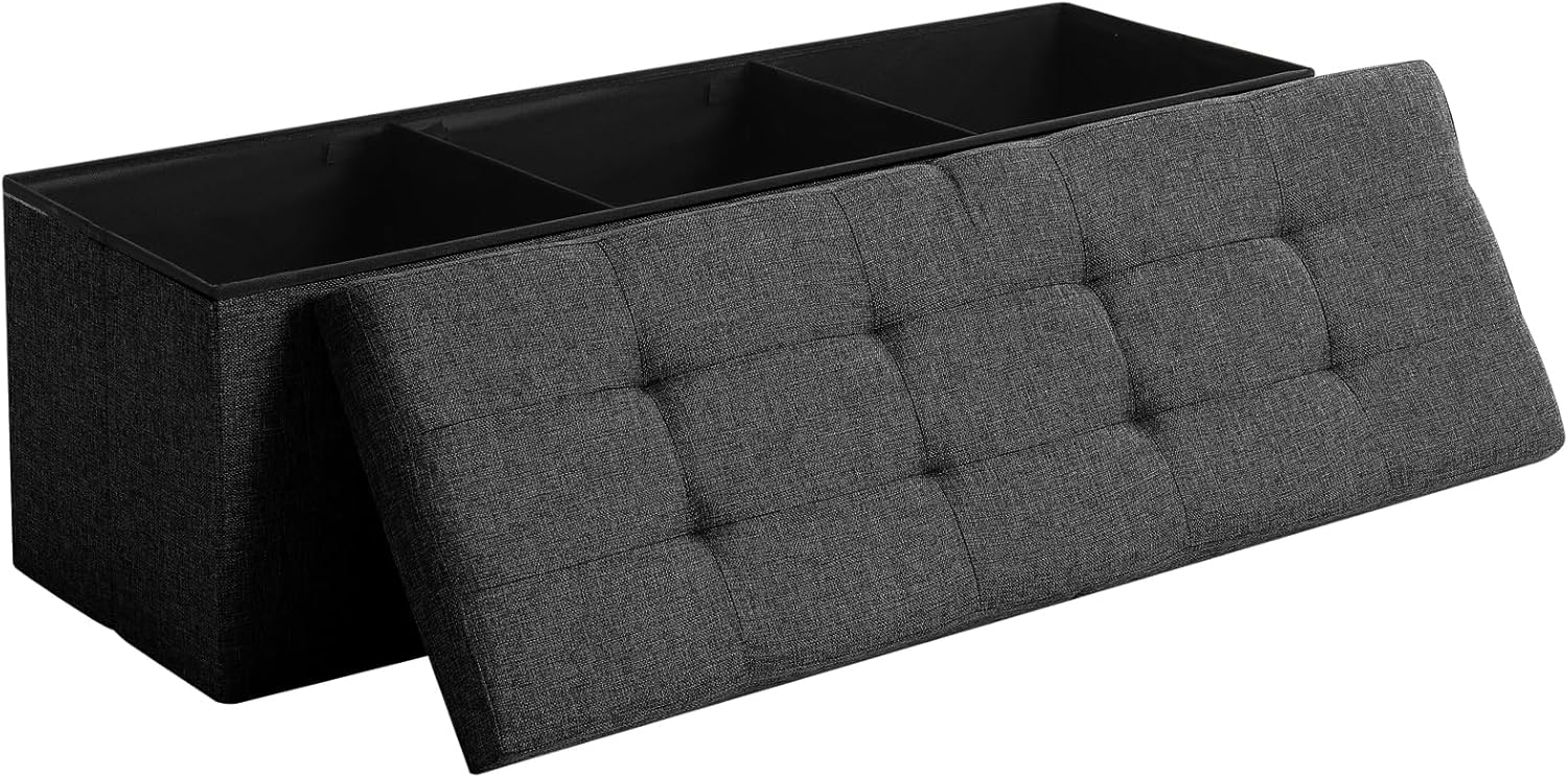 CUYOCA Storage Ottoman Bench Foldable Seat Footrest Shoe Bench End of Bed Storage with Flipping Lid, 75L Storage Space, 30 inches Linen Fabric Black - Grand Goldman