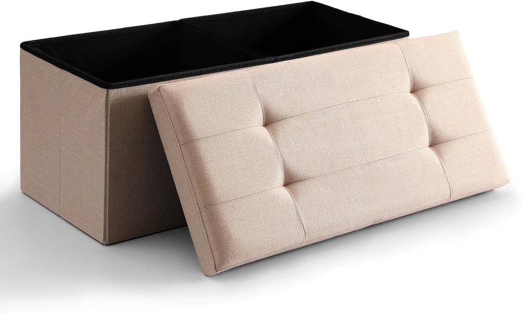 CUYOCA Storage Ottoman Bench Foldable Seat Footrest Shoe Bench End of Bed Storage with Flipping Lid, 75L Storage Space, 30 inches Linen Fabric Black - Grand Goldman