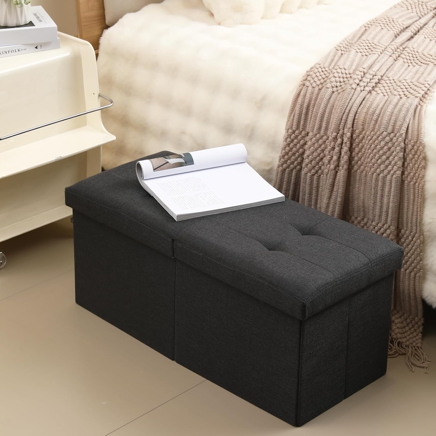 CUYOCA Storage Ottoman Bench Foldable Seat Footrest Shoe Bench End of Bed Storage with Flipping Lid, 75L Storage Space, 30 inches Linen Fabric Black - Grand Goldman