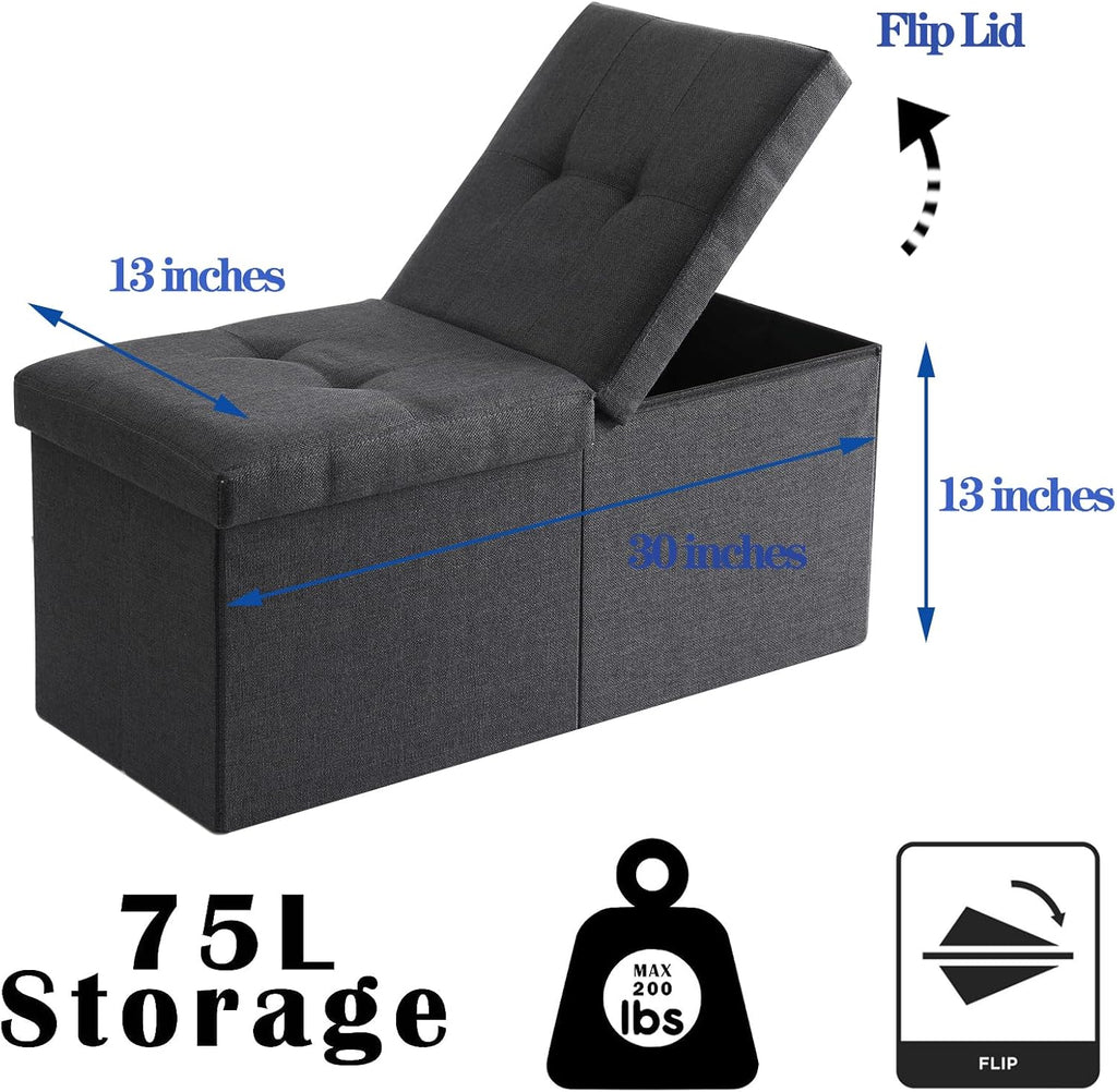 CUYOCA Storage Ottoman Bench Foldable Seat Footrest Shoe Bench End of Bed Storage with Flipping Lid, 75L Storage Space, 30 inches Linen Fabric Black - Grand Goldman