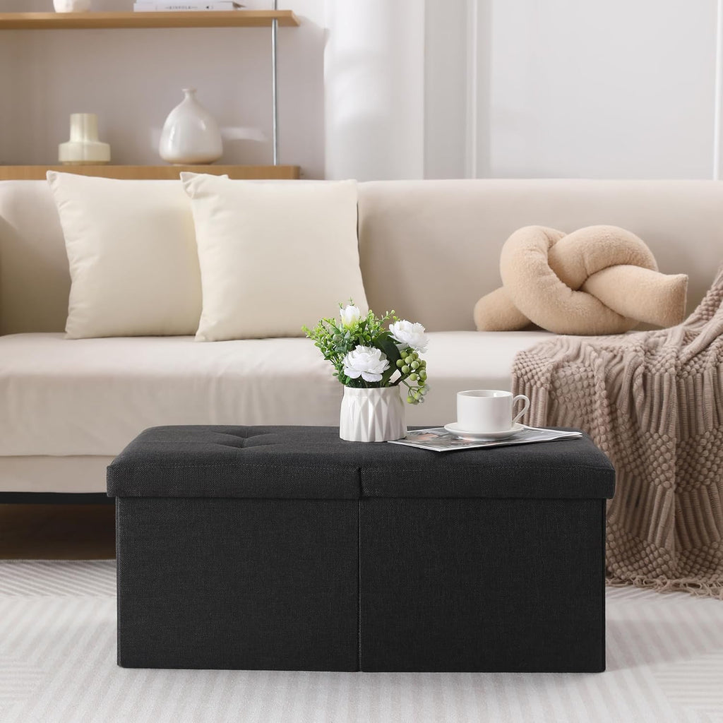 CUYOCA Storage Ottoman Bench Foldable Seat Footrest Shoe Bench End of Bed Storage with Flipping Lid, 75L Storage Space, 30 inches Linen Fabric Black - Grand Goldman