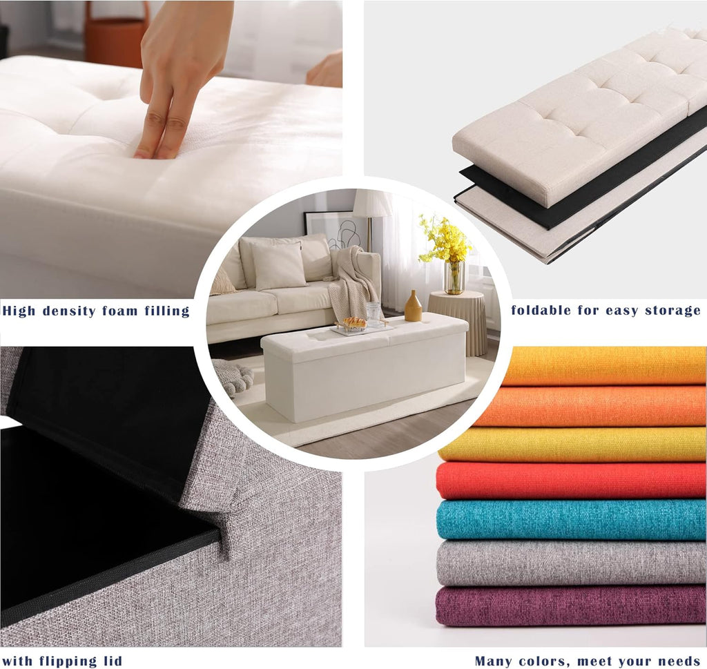 CUYOCA Storage Ottoman Bench Foldable Seat Footrest Shoe Bench End of Bed Storage with Flipping Lid, 75L Storage Space, 30 inches Linen Fabric Black - Grand Goldman