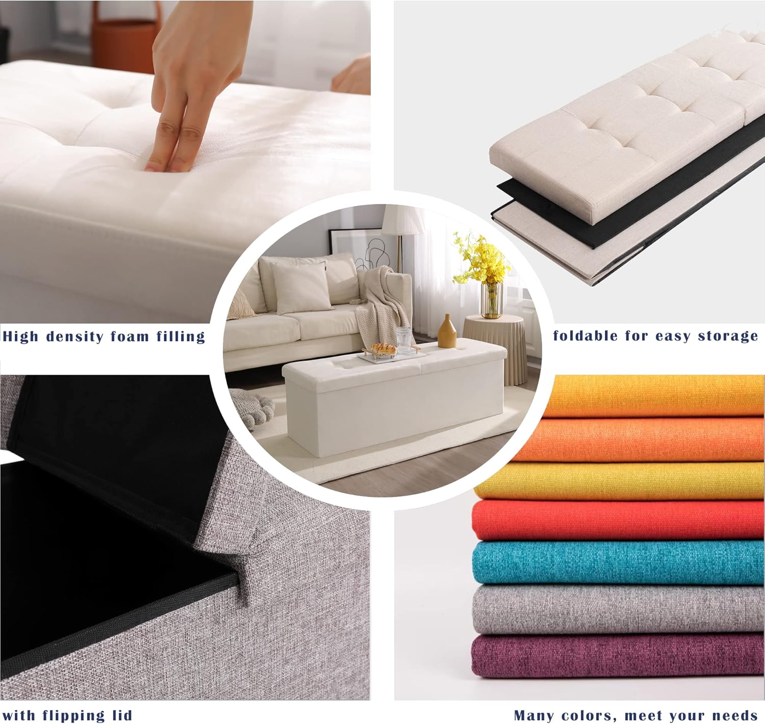 CUYOCA Storage Ottoman Bench Foldable Seat Footrest Shoe Bench End of Bed Storage with Flipping Lid, 75L Storage Space, 30 inches Linen Fabric Black - Grand Goldman