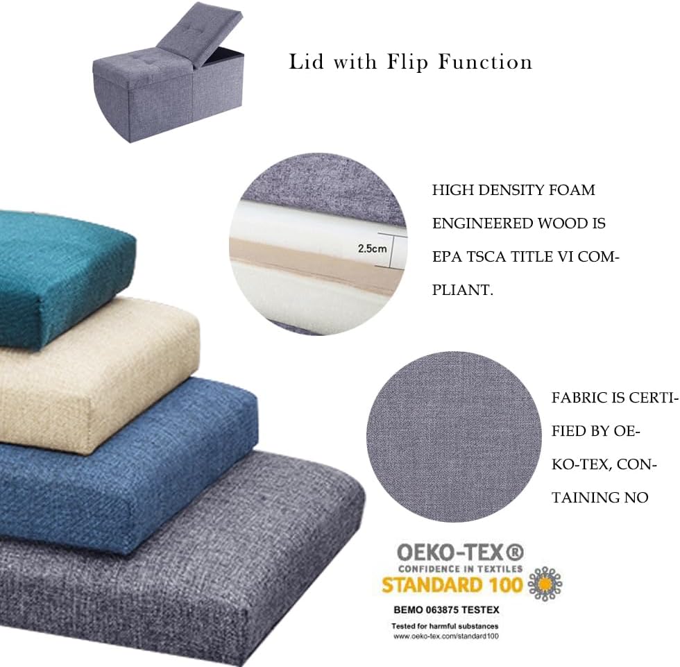 CUYOCA Storage Ottoman Bench Foldable Seat Footrest Shoe Bench End of Bed Storage with Flipping Lid, 75L Storage Space, 30 inches Linen Fabric Black - Grand Goldman