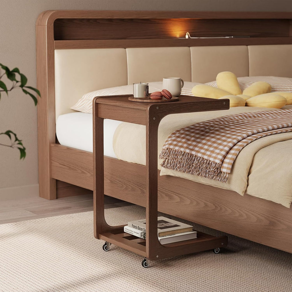 C Shaped End Table for Couch, C Table with Wheels, Wooden Couch Table Adjustable Desktop for Living Room,Bedroom（White） - Grand Goldman