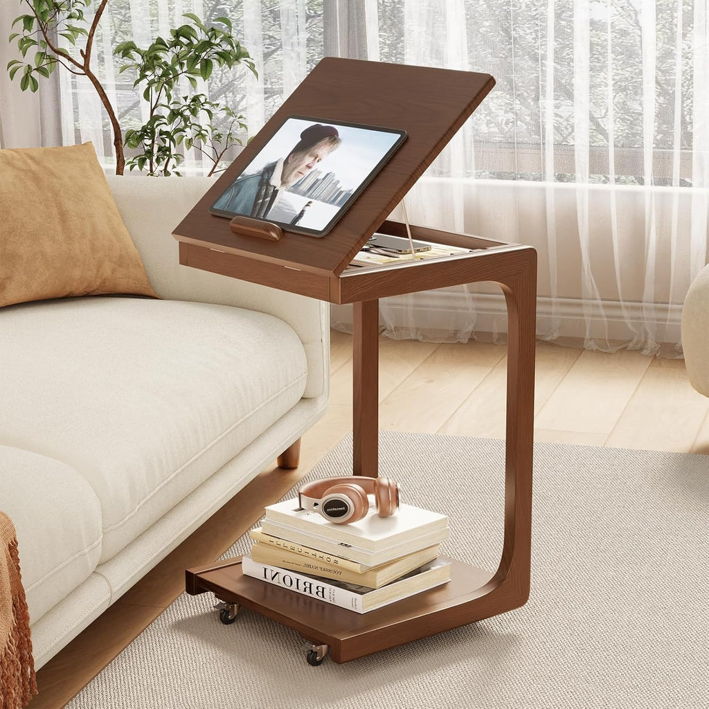 C Shaped Table for Couch, C Table with Wheels,Wooden Couch Table Adjustable Desktop for Living Room,Bedroom - Walnut - Grand Goldman