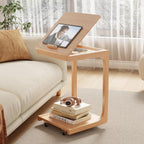 C Shaped Table for Couch, C Table with Wheels,Wooden Couch Table Adjustable Desktop for Living Room,Bedroom - Walnut - Grand Goldman