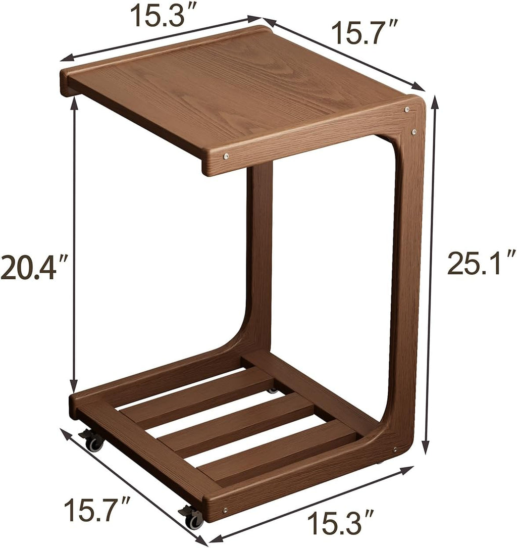 C Shaped Table for Couch, C Table with Wheels,Wooden Couch Table Adjustable Desktop for Living Room,Bedroom - Walnut - Grand Goldman
