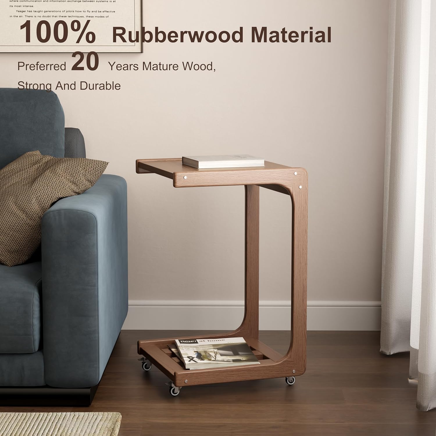 C Shaped Table for Couch, C Table with Wheels,Wooden Couch Table Adjustable Desktop for Living Room,Bedroom - Walnut - Grand Goldman