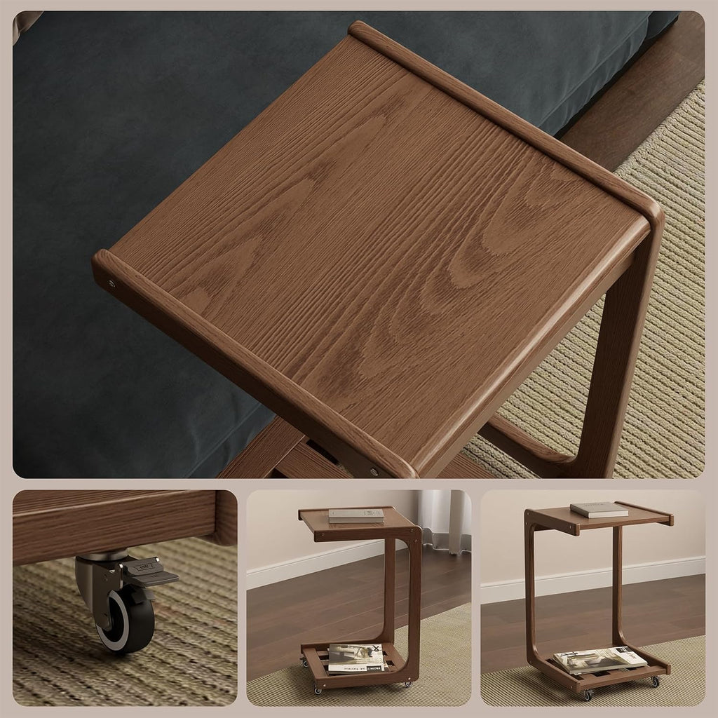 C Shaped Table for Couch, C Table with Wheels,Wooden Couch Table Adjustable Desktop for Living Room,Bedroom - Walnut - Grand Goldman