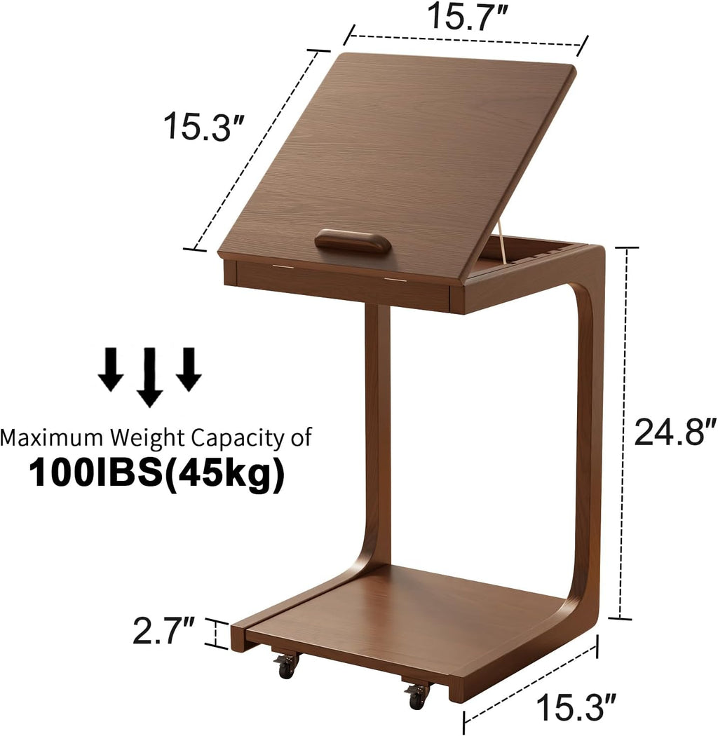 C Shaped Table for Couch, C Table with Wheels,Wooden Couch Table Adjustable Desktop for Living Room,Bedroom - Walnut - Grand Goldman