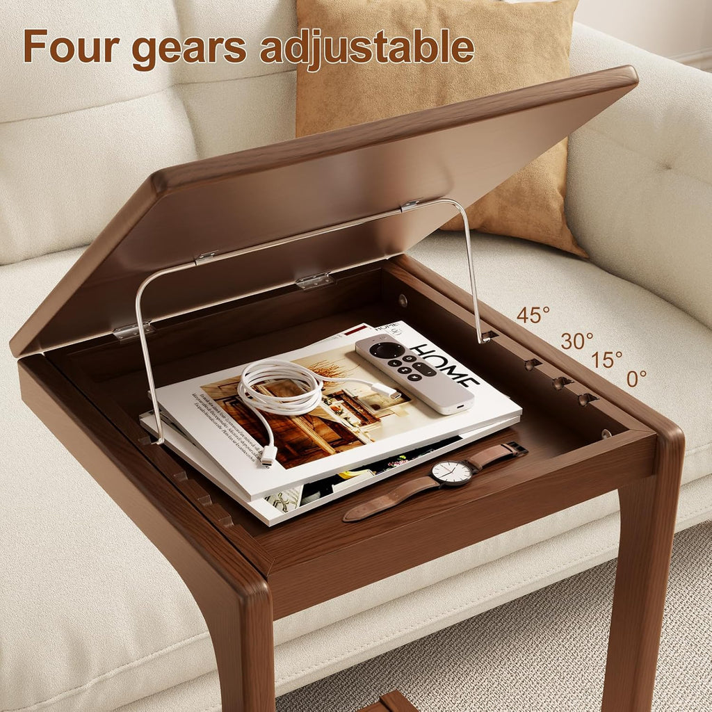 C Shaped Table for Couch, C Table with Wheels,Wooden Couch Table Adjustable Desktop for Living Room,Bedroom - Walnut - Grand Goldman