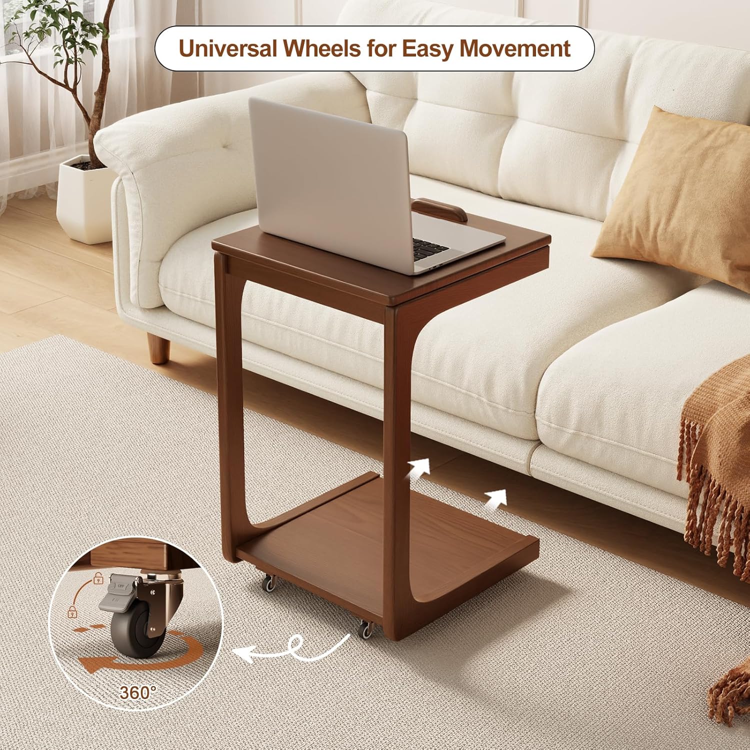 C Shaped Table for Couch, C Table with Wheels,Wooden Couch Table Adjustable Desktop for Living Room,Bedroom - Walnut - Grand Goldman