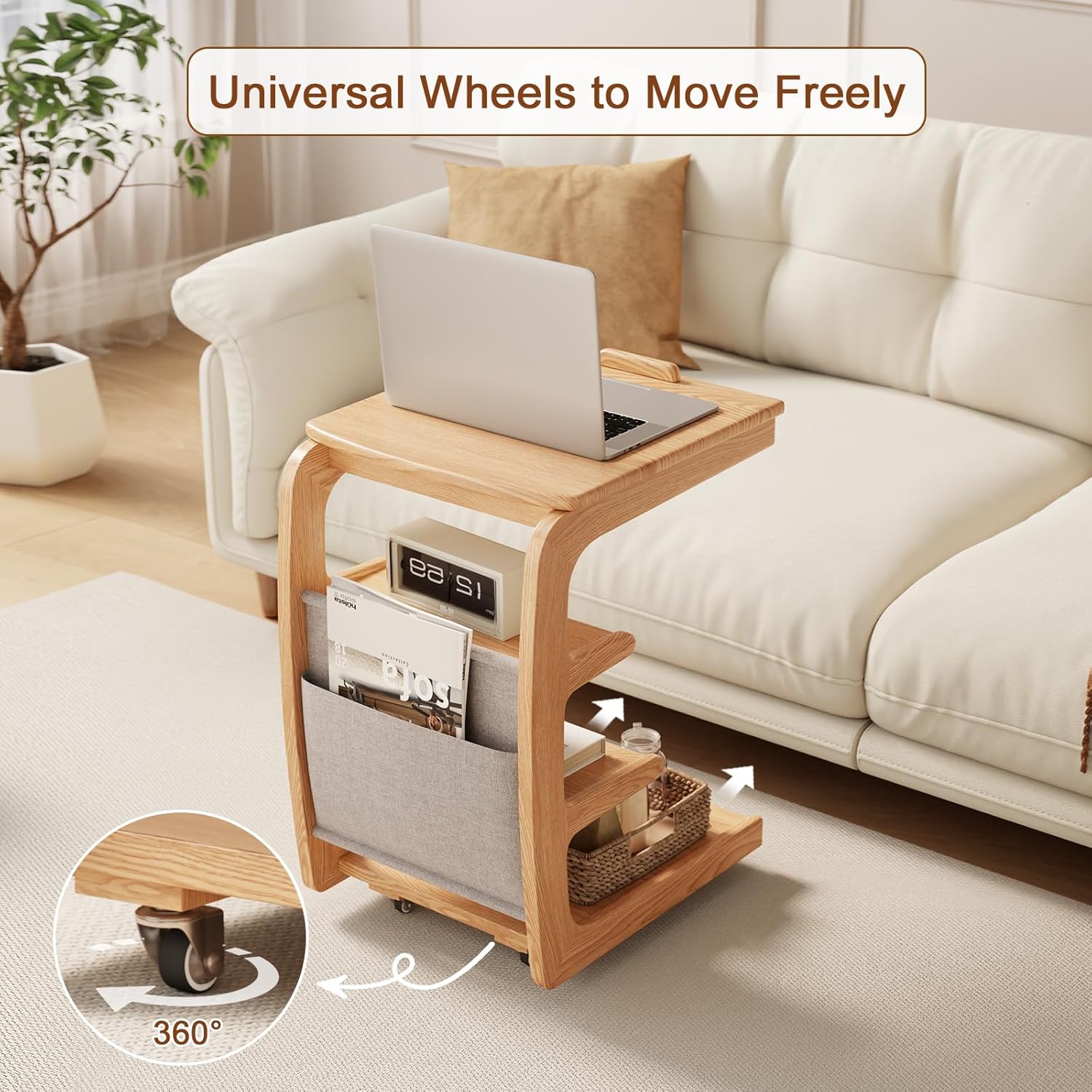 C Shaped Table for Couch, C Table with Wheels,Wooden Couch Table Adjustable Desktop for Living Room,Bedroom - Walnut - Grand Goldman
