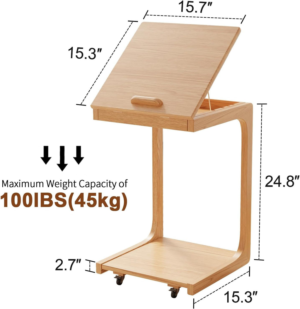 C Shaped Table for Couch, C Table with Wheels,Wooden Couch Table Adjustable Desktop for Living Room,Bedroom - Walnut - Grand Goldman