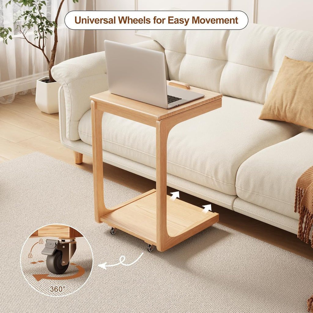 C Shaped Table for Couch, C Table with Wheels,Wooden Couch Table Adjustable Desktop for Living Room,Bedroom - Walnut - Grand Goldman