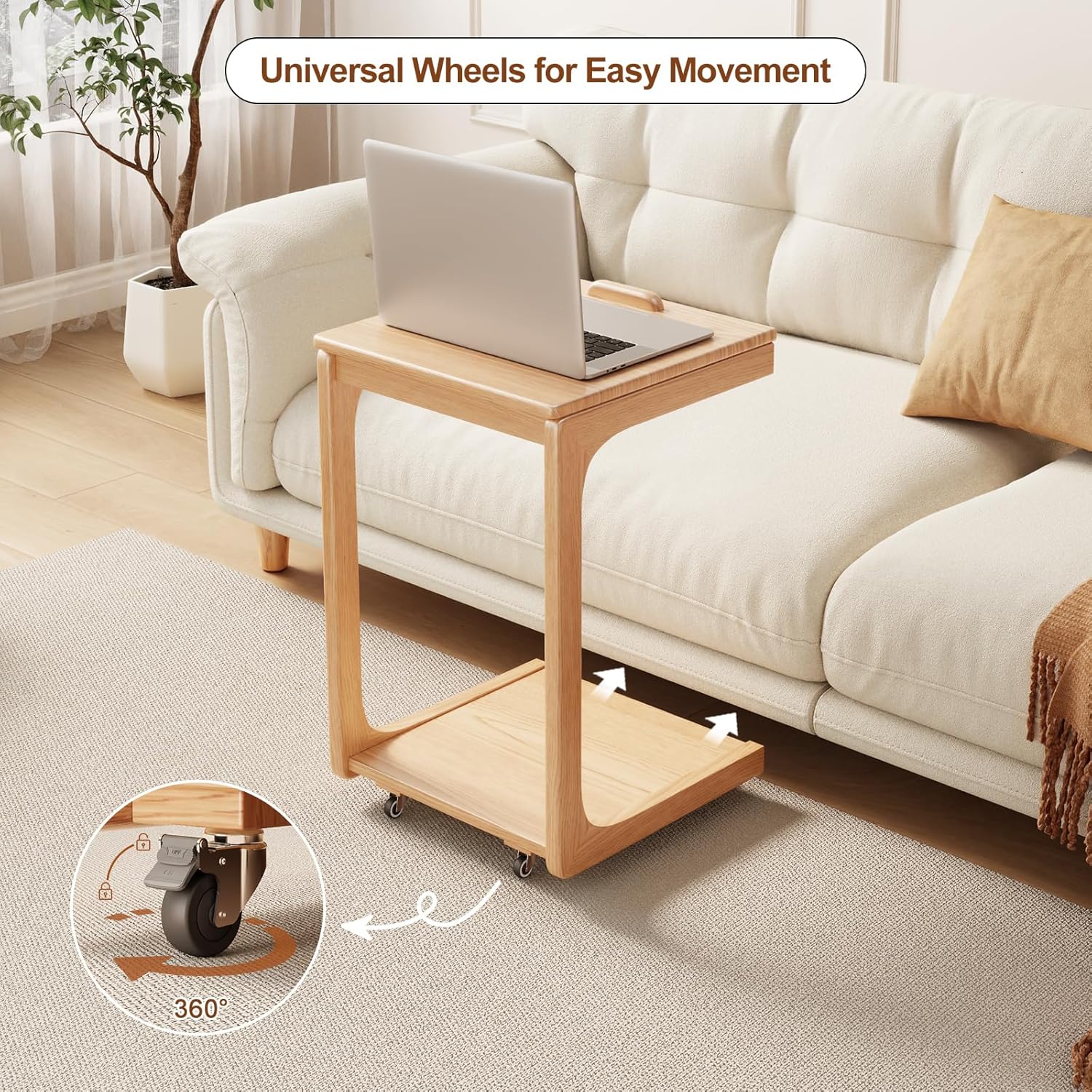 C Shaped Table for Couch, C Table with Wheels,Wooden Couch Table Adjustable Desktop for Living Room,Bedroom - Walnut - Grand Goldman