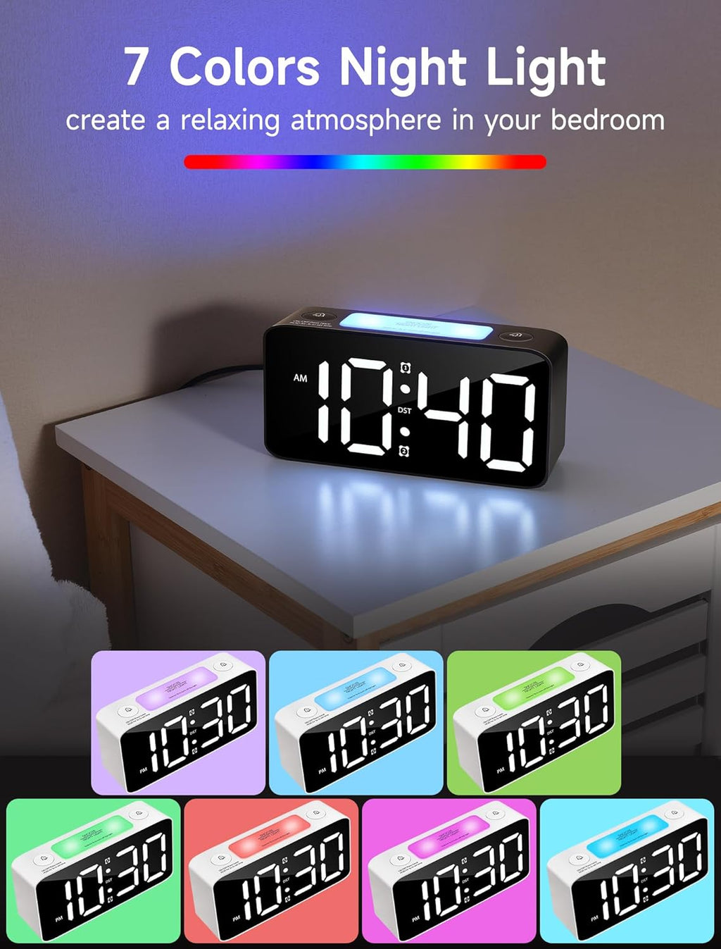 Cadmos Super Loud Alarm Clock for Heavy Sleepers Adults,Digital Clock with 7 Color NightLight,Adjustable Volume,USB Charger,Small Clocks for Bedrooms,Ok to Wake Up for Kids,Teens (White+RGB) - Grand Goldman