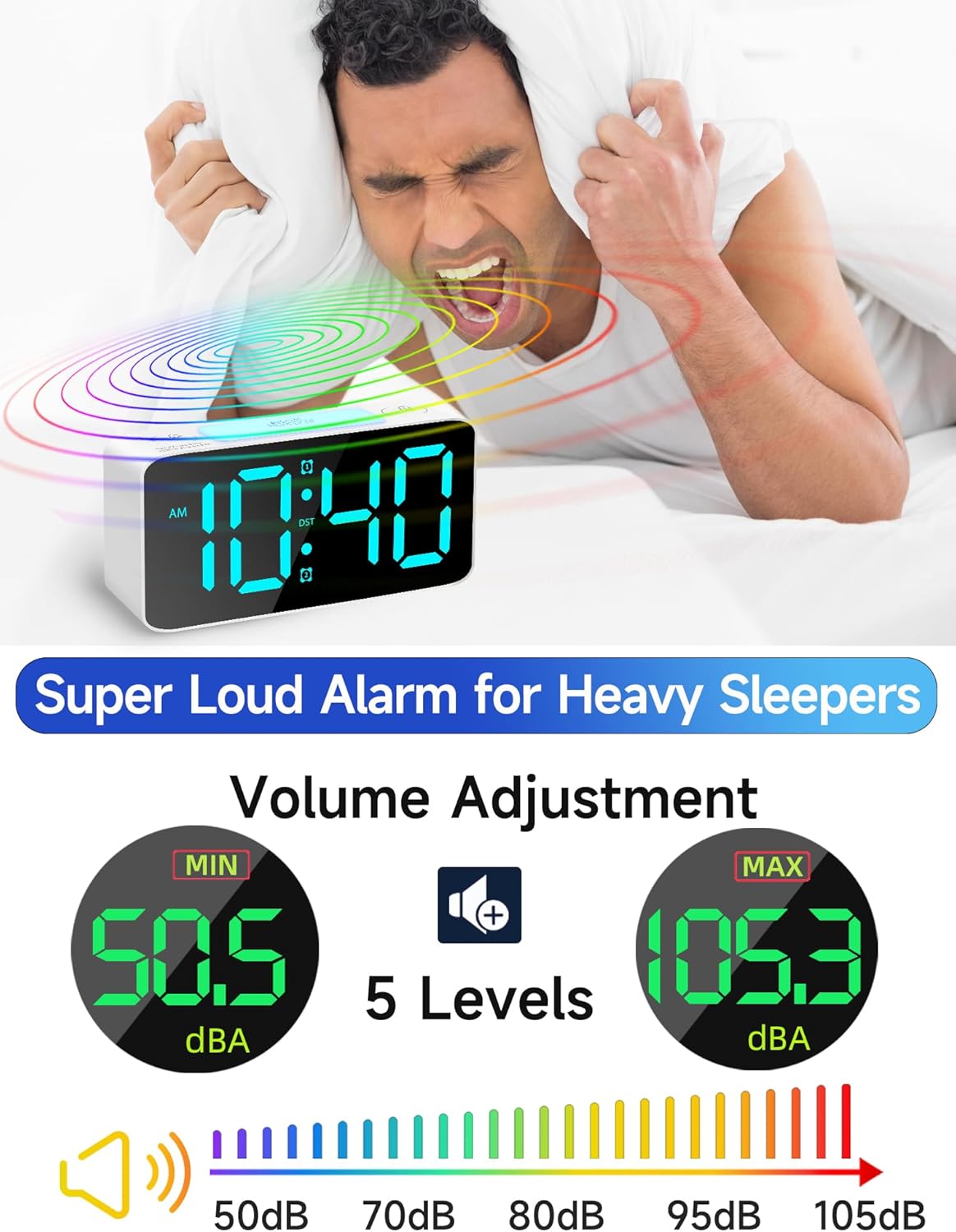 Cadmos Super Loud Alarm Clock for Heavy Sleepers Adults,Digital Clock with 7 Color NightLight,Adjustable Volume,USB Charger,Small Clocks for Bedrooms,Ok to Wake Up for Kids,Teens (White+RGB) - Grand Goldman