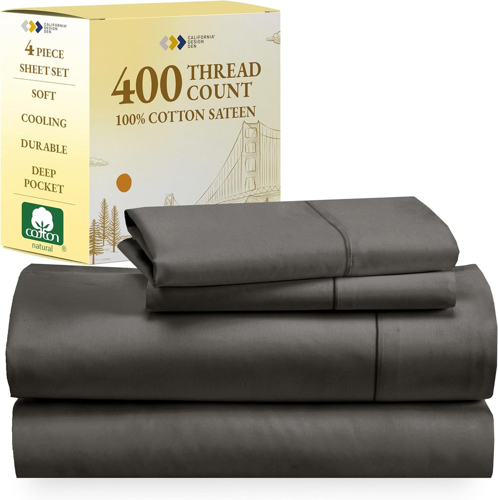 California Design Den 100% Cotton Sheets - 400 Thread Count Sateen Queen Sheets Set Deep Pocket, Soft Queen Size Bed Sheets, Cooling Sheets Queen Size Bed Set, Durable Cotton Bed Sheets (White Sheets) - Grand Goldman