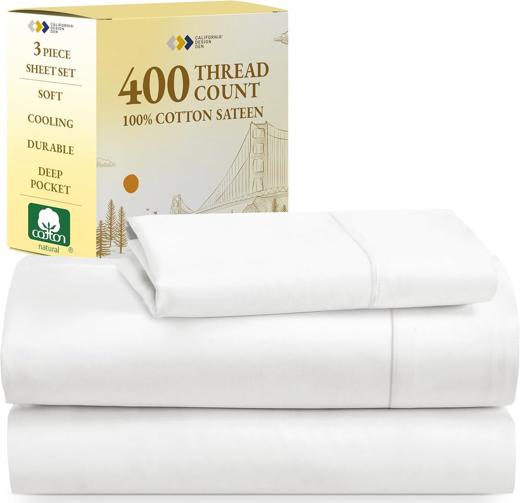 California Design Den 100% Cotton Sheets - 400 Thread Count Sateen Queen Sheets Set Deep Pocket, Soft Queen Size Bed Sheets, Cooling Sheets Queen Size Bed Set, Durable Cotton Bed Sheets (White Sheets) - Grand Goldman