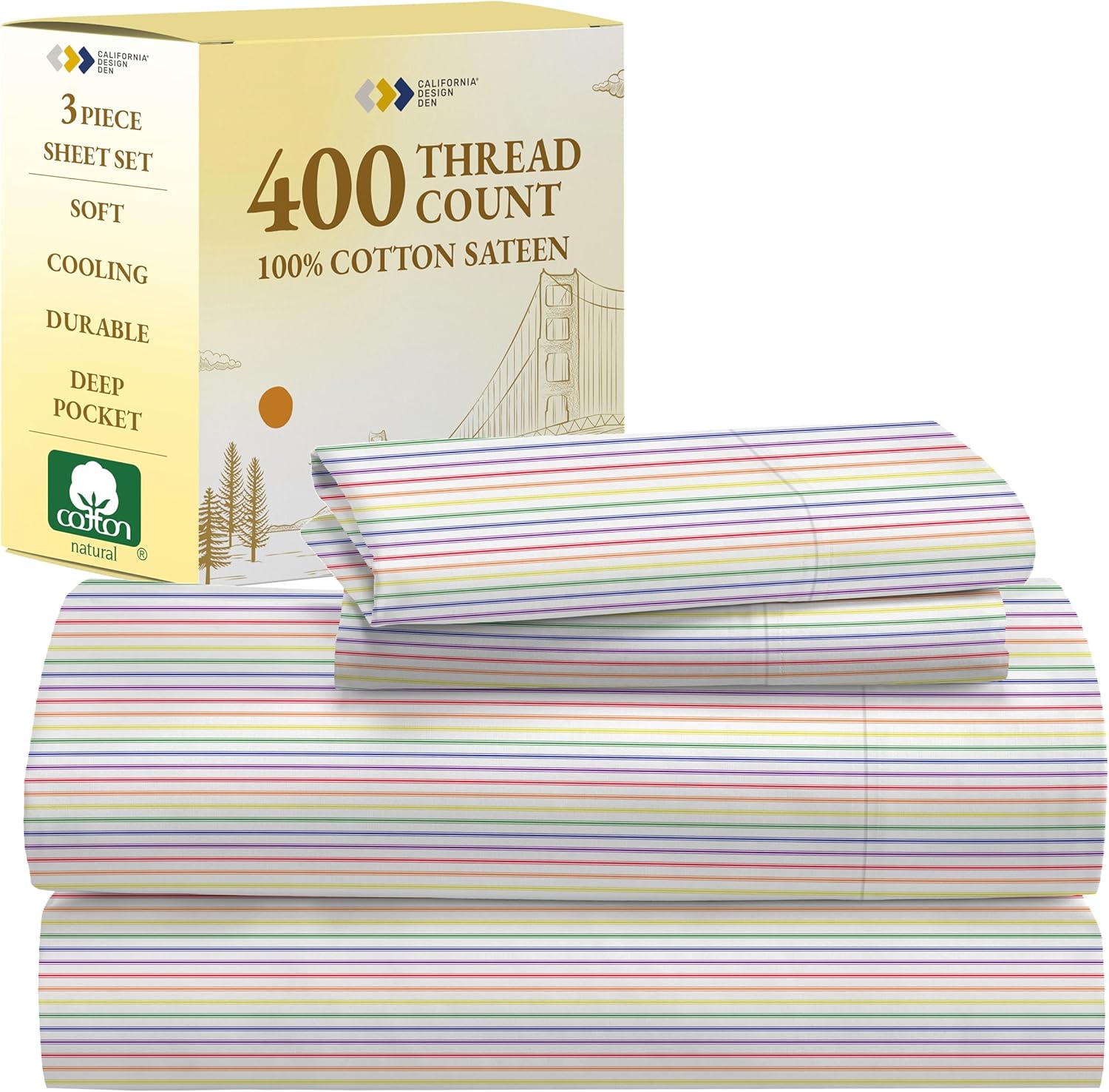 California Design Den 100% Cotton Sheets - 400 Thread Count Sateen Queen Sheets Set Deep Pocket, Soft Queen Size Bed Sheets, Cooling Sheets Queen Size Bed Set, Durable Cotton Bed Sheets (White Sheets) - Grand Goldman