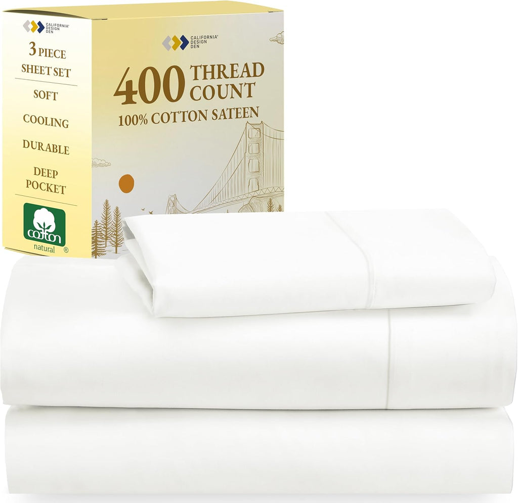 California Design Den 100% Cotton Sheets - 400 Thread Count Sateen Queen Sheets Set Deep Pocket, Soft Queen Size Bed Sheets, Cooling Sheets Queen Size Bed Set, Durable Cotton Bed Sheets (White Sheets) - Grand Goldman