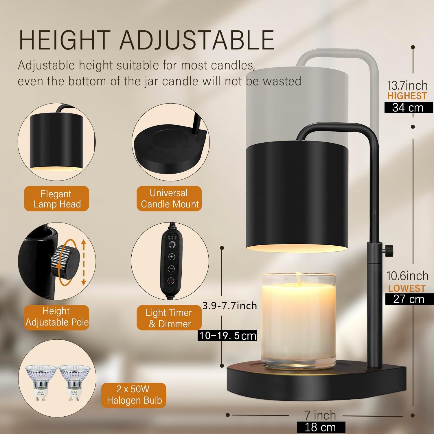 Candle Warmer Lamp Adjustable Height Dimmable Candle Lamp Warmer with Timer Compatible with Large Jar Candles No Flame Scented Candle Wax Warmer with 2 Bulbs Mothers Day Gift -Black - Grand Goldman