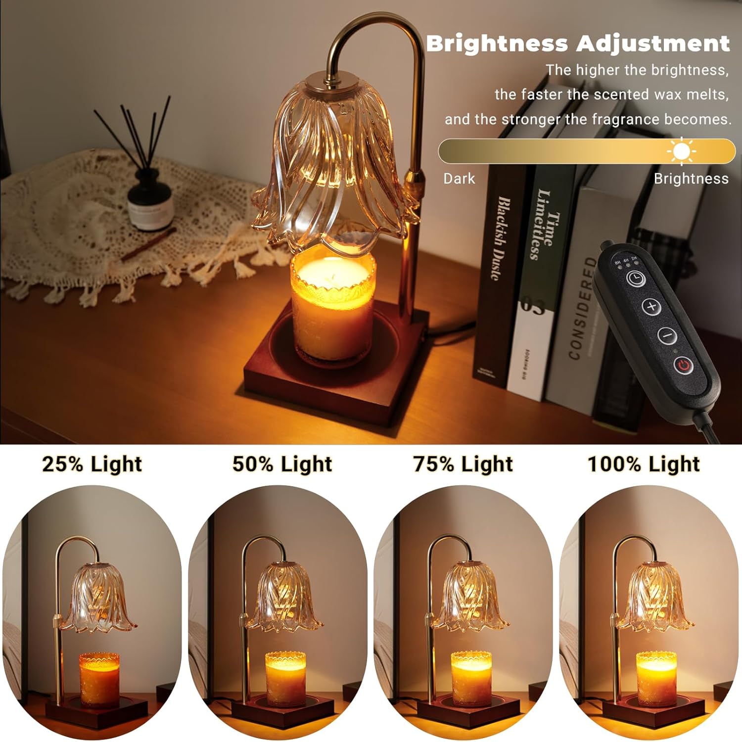 Candle Warmer Lamp, Dimmable Candle Lamp Warmer, Adjustable Height, Timer, Bedroom Living Room Home Decor Wax Melt Warmer for Scented Wax with 2 Bulbs, Gold - Grand Goldman