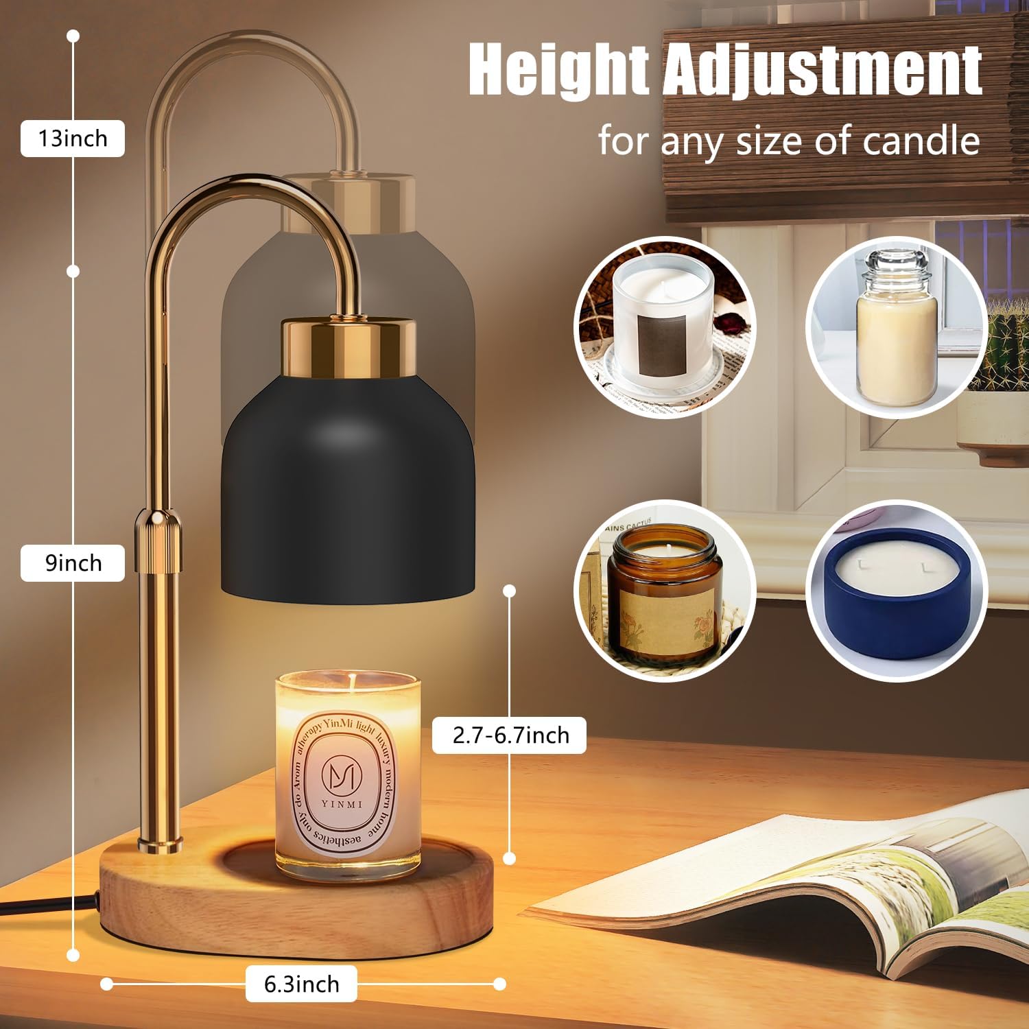 Candle Warmer Lamp with 2 Bulbs,seenlast Candle Warmer with Dimmer Adjustable Height, Electric Wax Warmer Vintage Home Decor,2/4/8H Timer,Wax Melt Warmer for Scented Jar Candles - Grand Goldman