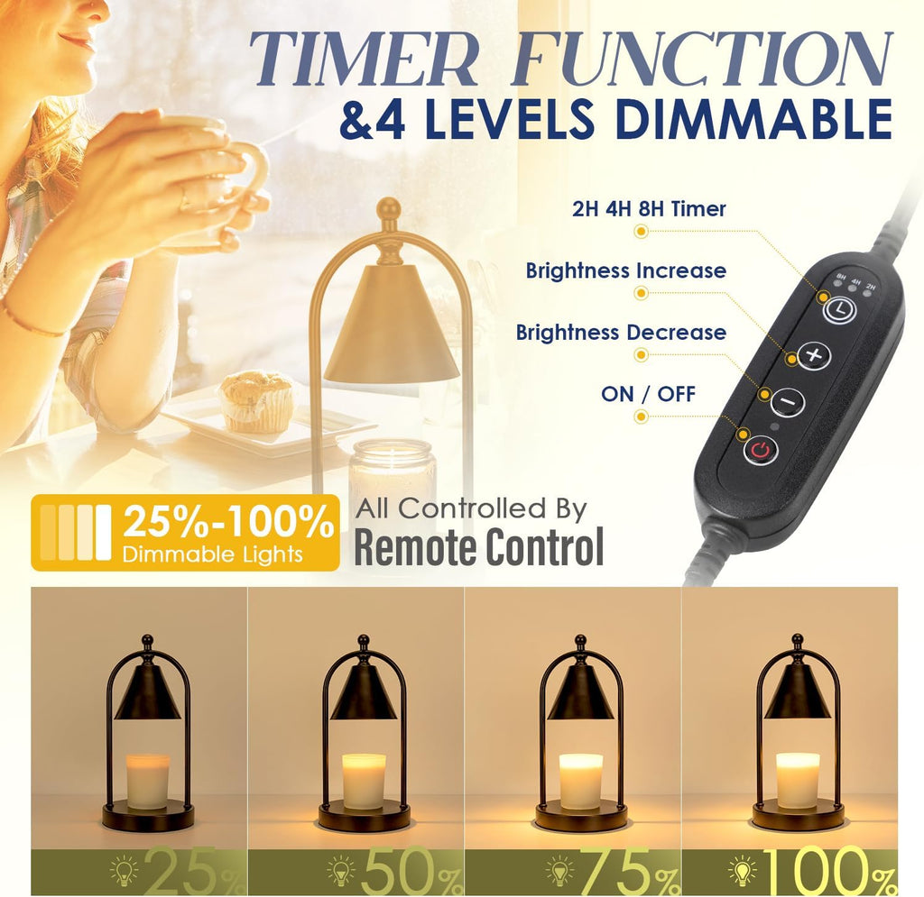 Candle Warmer Lamp with Timer, Electric Black Candle Warmer Light for Bedroom, Dimmable Wax Melts Warmer for Candle Jars, Home Decor Beside Lamp Gifts for Women (2 Bulbs Included) - Grand Goldman