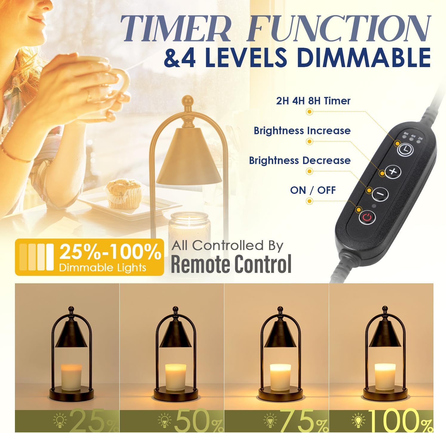 Candle Warmer Lamp with Timer, Electric Black Candle Warmer Light for Bedroom, Dimmable Wax Melts Warmer for Candle Jars, Home Decor Beside Lamp Gifts for Women (2 Bulbs Included) - Grand Goldman