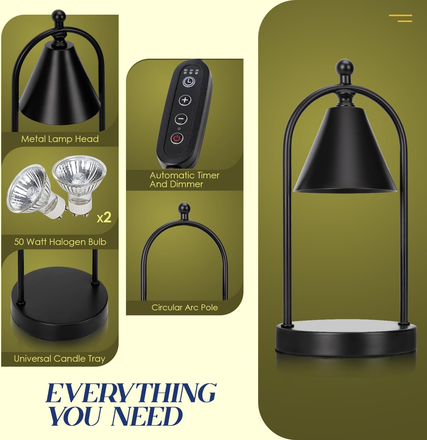 Candle Warmer Lamp with Timer, Electric Black Candle Warmer Light for Bedroom, Dimmable Wax Melts Warmer for Candle Jars, Home Decor Beside Lamp Gifts for Women (2 Bulbs Included) - Grand Goldman
