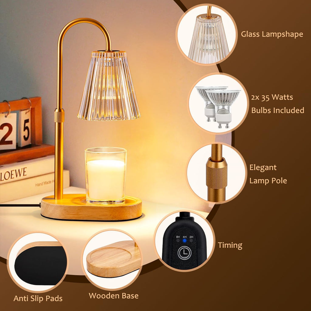 Candle Warmer Lamp with Timer: Electric Candles Wax Warmers Glass Lamps for Jar Candles Burner Adjustable Height and Dimmable Light Modern No Flame Scented Candle Warming Lantern - Grand Goldman
