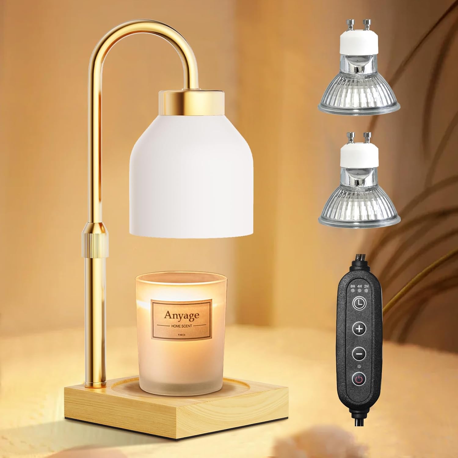 Candle Warmer Lamp with Timer and Dimmer, House Warming Gifts New Home Decor, Adjustable Height with 2 Bulbs - Grand Goldman