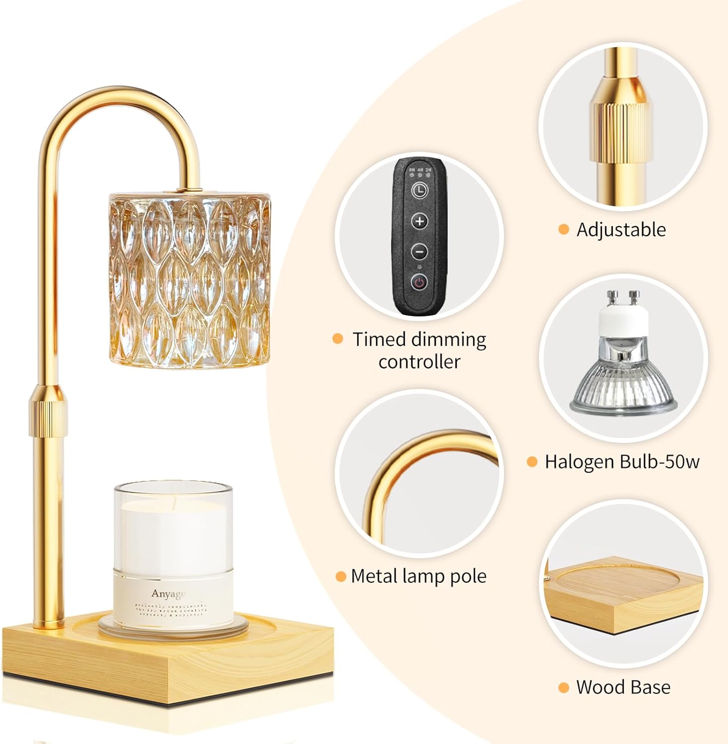 Candle Warmer Lamp with Timer and Dimmer, House Warming Gifts New Home Decor, Adjustable Height with 2 Bulbs - Grand Goldman