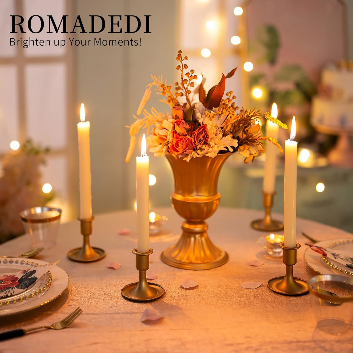 Candlestick Holders Taper Candle Holders, Romadedi Gold Candle Stick Candle Holder for Table Centerpiece, Wedding Reception, Festive Christmas Mantel Decoration or Home Decor, Set of 2 - Grand Goldman