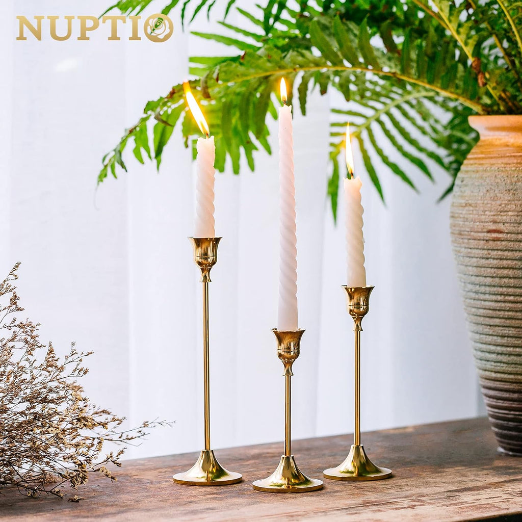 Candlestick Holders Taper Candle Holders, Set of 3 Candle Stick Holders Set, Brass Gold Candlestick Holder Set, Vintage Modern Decorative Centerpiece for Table Mantel Wedding Housewarming Gift - Grand Goldman