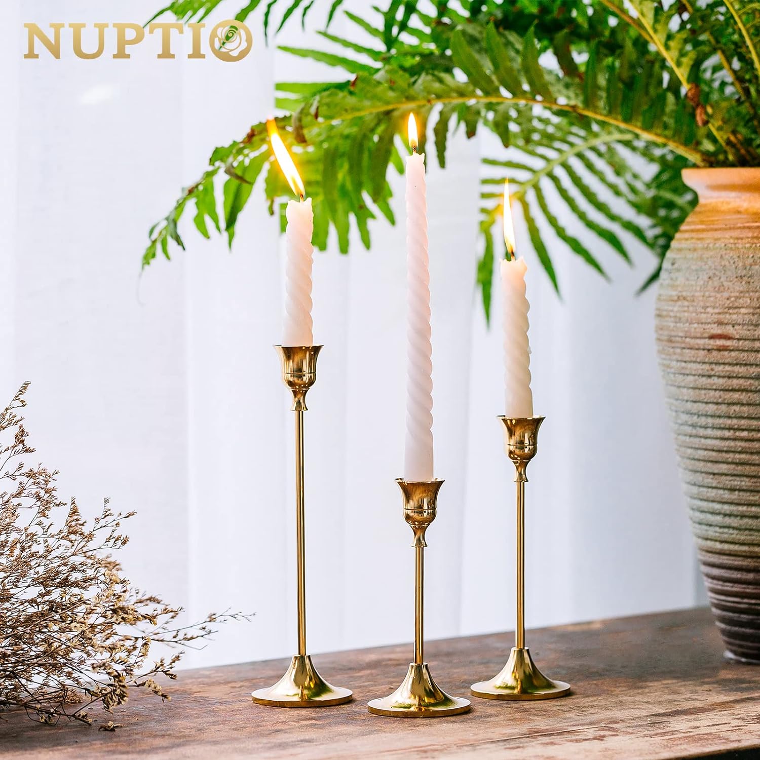 Candlestick Holders Taper Candle Holders, Set of 3 Candle Stick Holders Set, Brass Gold Candlestick Holder Set, Vintage Modern Decorative Centerpiece for Table Mantel Wedding Housewarming Gift - Grand Goldman