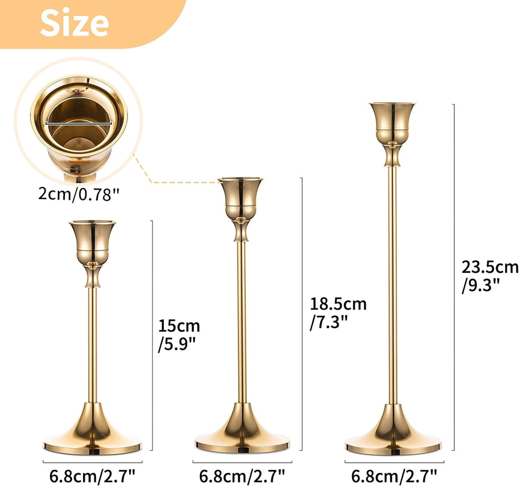 Candlestick Holders Taper Candle Holders, Set of 3 Candle Stick Holders Set, Brass Gold Candlestick Holder Set, Vintage Modern Decorative Centerpiece for Table Mantel Wedding Housewarming Gift - Grand Goldman