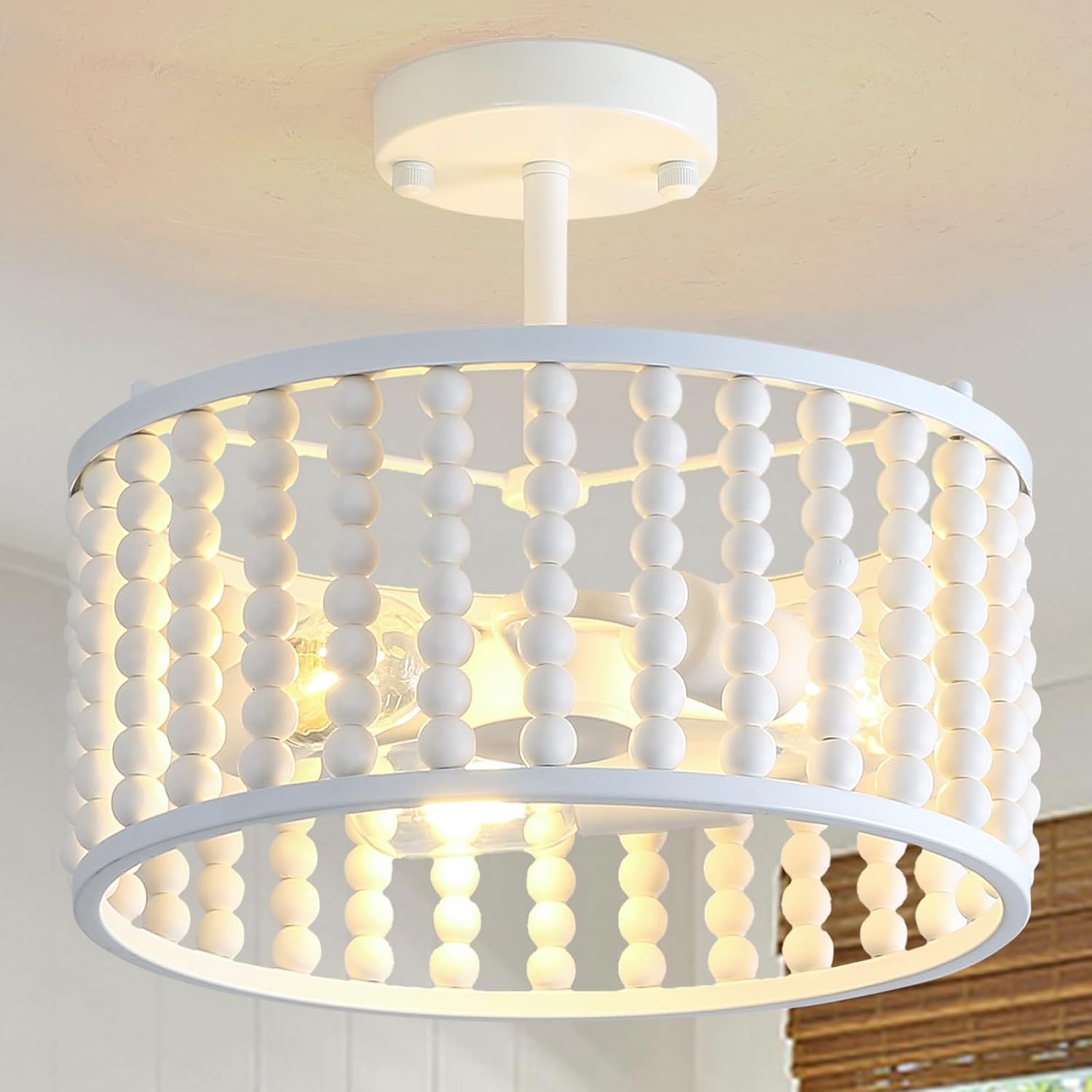 Capslpad Wood Beaded Flush Mount Ceiling Light Antique Rustic Mini Chandelier 3-Light White Boho Light Fixture for Dining Room,Nursery Room,Bedroom,Girl Room,Hallway,Entryway,Passway - Grand Goldman