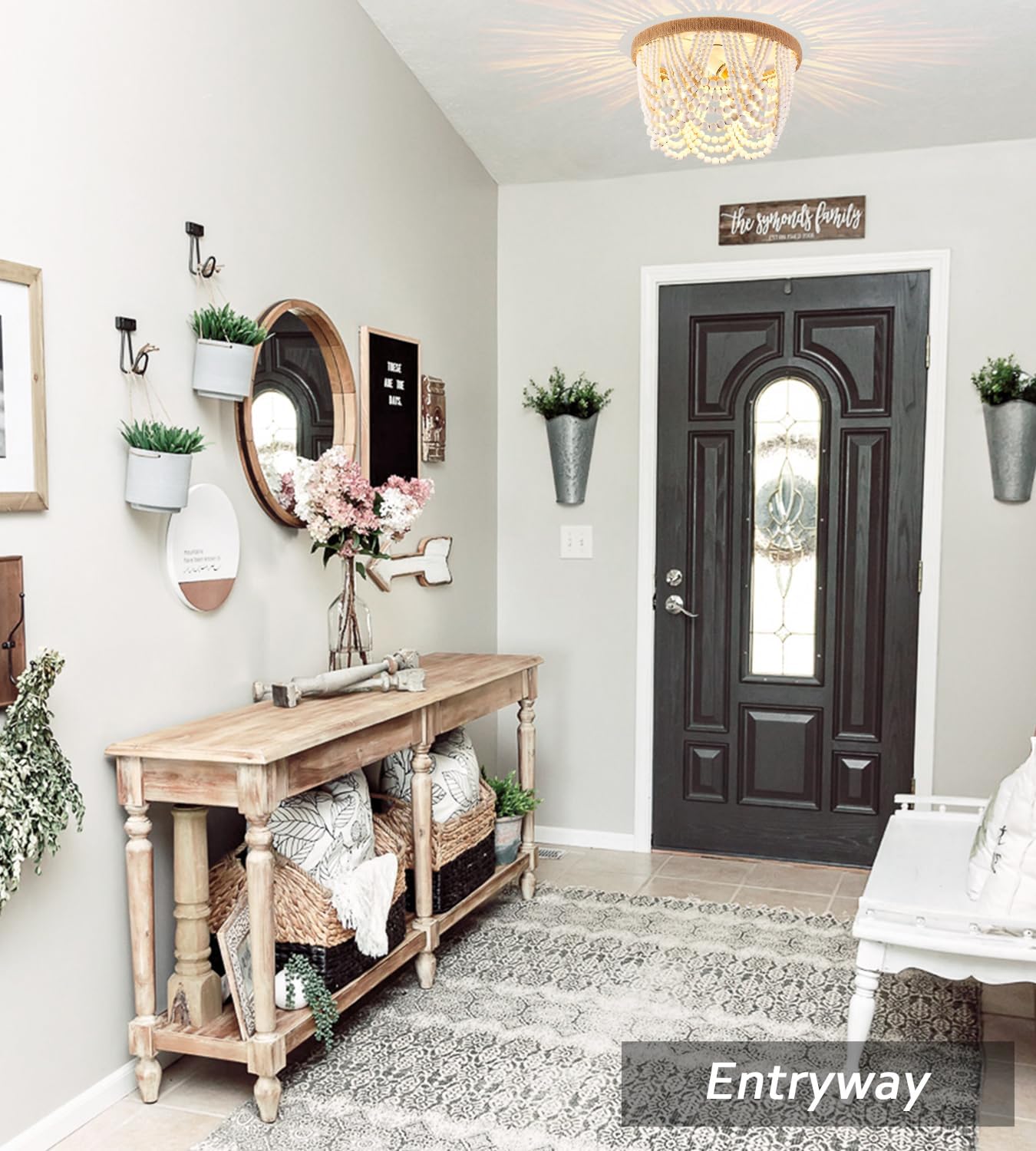 Capslpad Wood Beaded Flush Mount Ceiling Light Antique Rustic Mini Chandelier 3-Light White Boho Light Fixture for Dining Room,Nursery Room,Bedroom,Girl Room,Hallway,Entryway,Passway - Grand Goldman