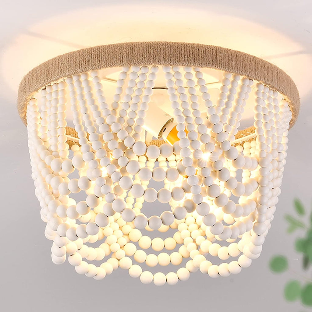 Capslpad Wood Beaded Flush Mount Ceiling Light Antique Rustic Mini Chandelier 3-Light White Boho Light Fixture for Dining Room,Nursery Room,Bedroom,Girl Room,Hallway,Entryway,Passway - Grand Goldman