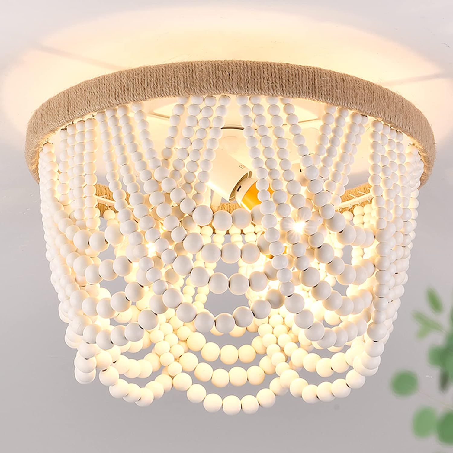 Capslpad Wood Beaded Flush Mount Ceiling Light Antique Rustic Mini Chandelier 3-Light White Boho Light Fixture for Dining Room,Nursery Room,Bedroom,Girl Room,Hallway,Entryway,Passway - Grand Goldman
