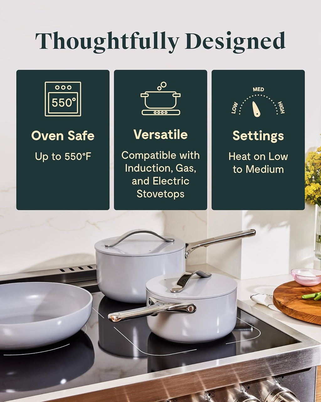 Caraway Nonstick Ceramic Cookware Set (12 Piece) Pots, Pans, 3 Lids and Kitchen Storage - Non Toxic - Oven Safe & Compatible with All Stovetops - Cream - Grand Goldman