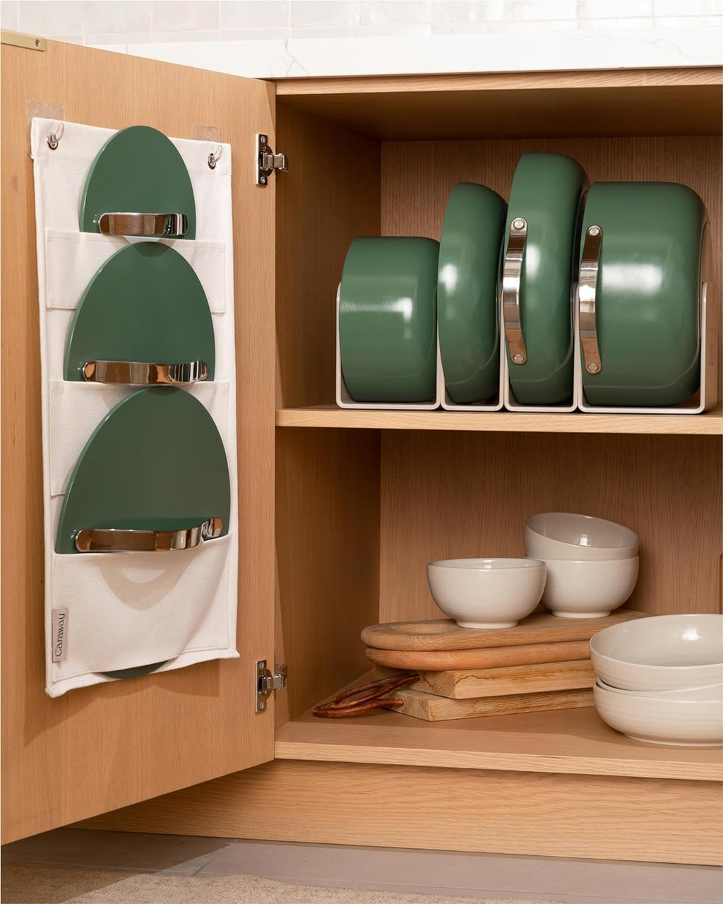 Caraway Nonstick Ceramic Cookware Set (12 Piece) Pots, Pans, 3 Lids and Kitchen Storage - Non Toxic - Oven Safe & Compatible with All Stovetops - Cream - Grand Goldman