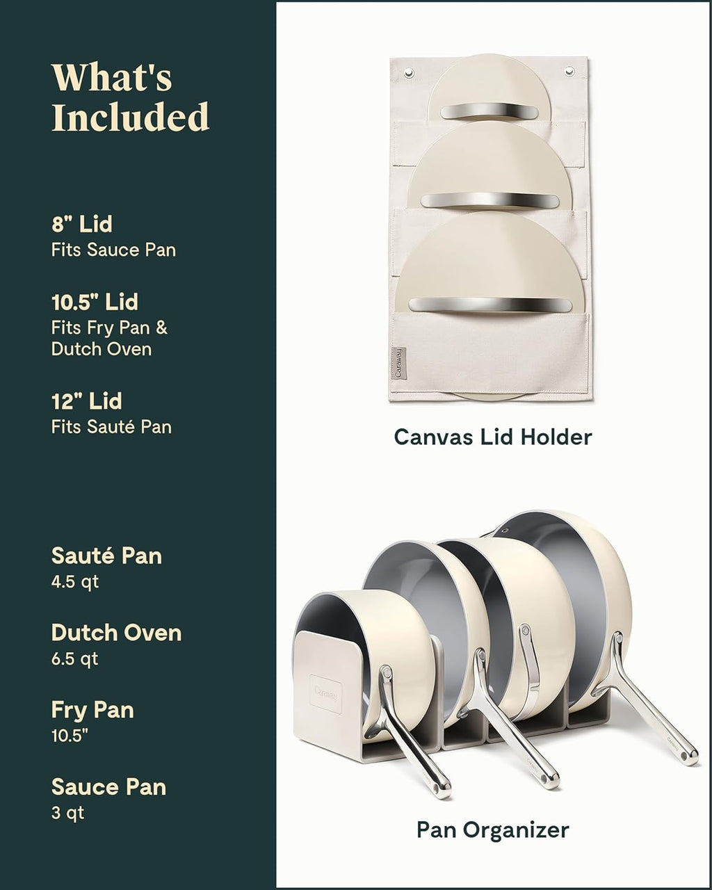 Caraway Nonstick Ceramic Cookware Set (12 Piece) Pots, Pans, 3 Lids and Kitchen Storage - Non Toxic - Oven Safe & Compatible with All Stovetops - Cream - Grand Goldman