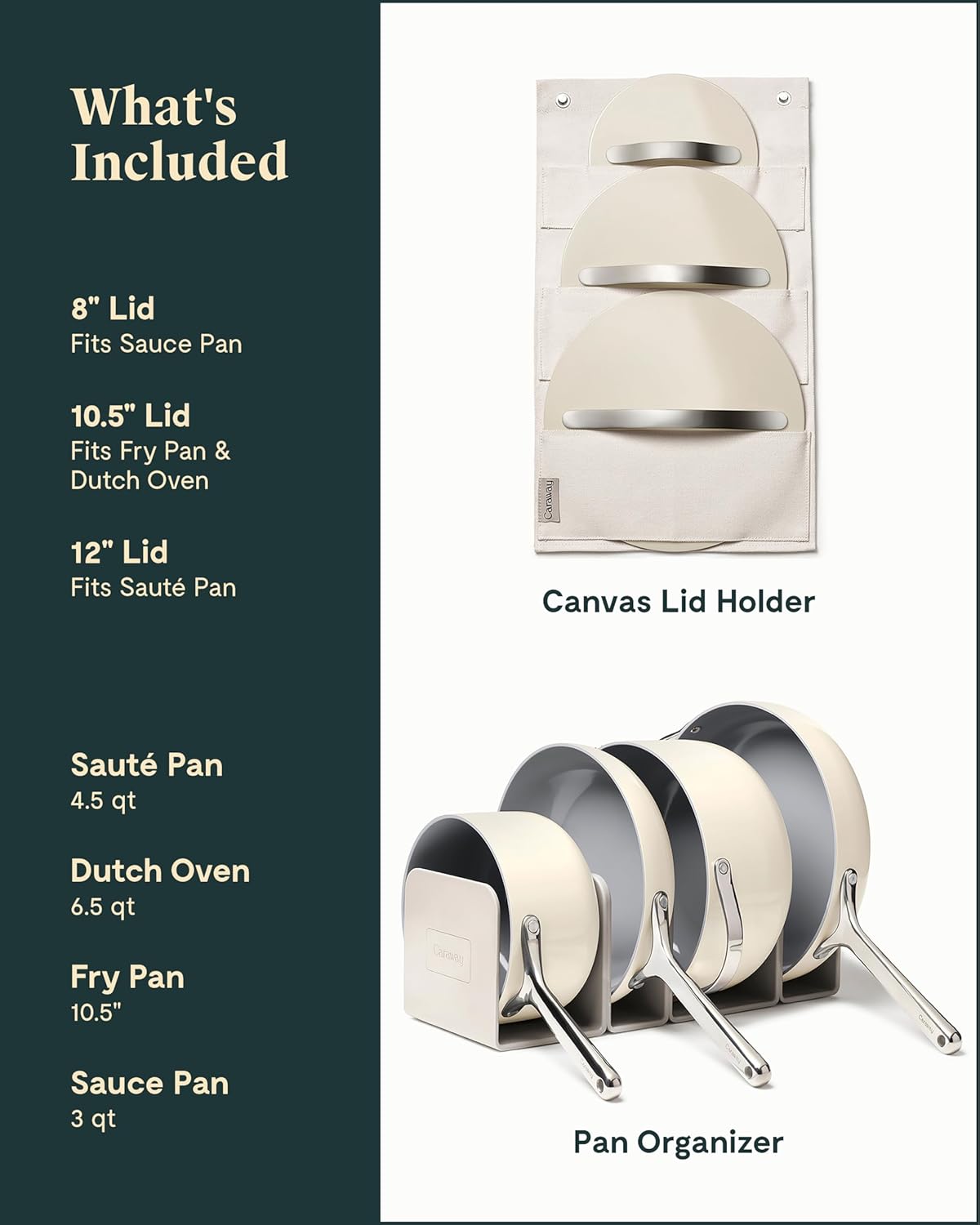 Caraway Nonstick Ceramic Cookware Set (12 Piece) Pots, Pans, 3 Lids and Kitchen Storage - Non Toxic - Oven Safe & Compatible with All Stovetops - Cream - Grand Goldman