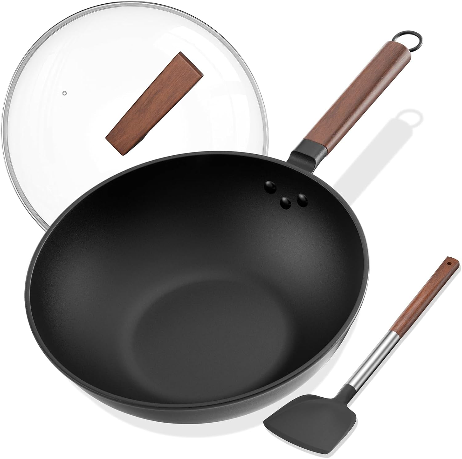 Carbon Steel Wok - Including Glass Cover and Silicone Spatula, 13-Inch Woks & Stir-Fry Pans for Induction, Electric, Gas Stoves - Grand Goldman